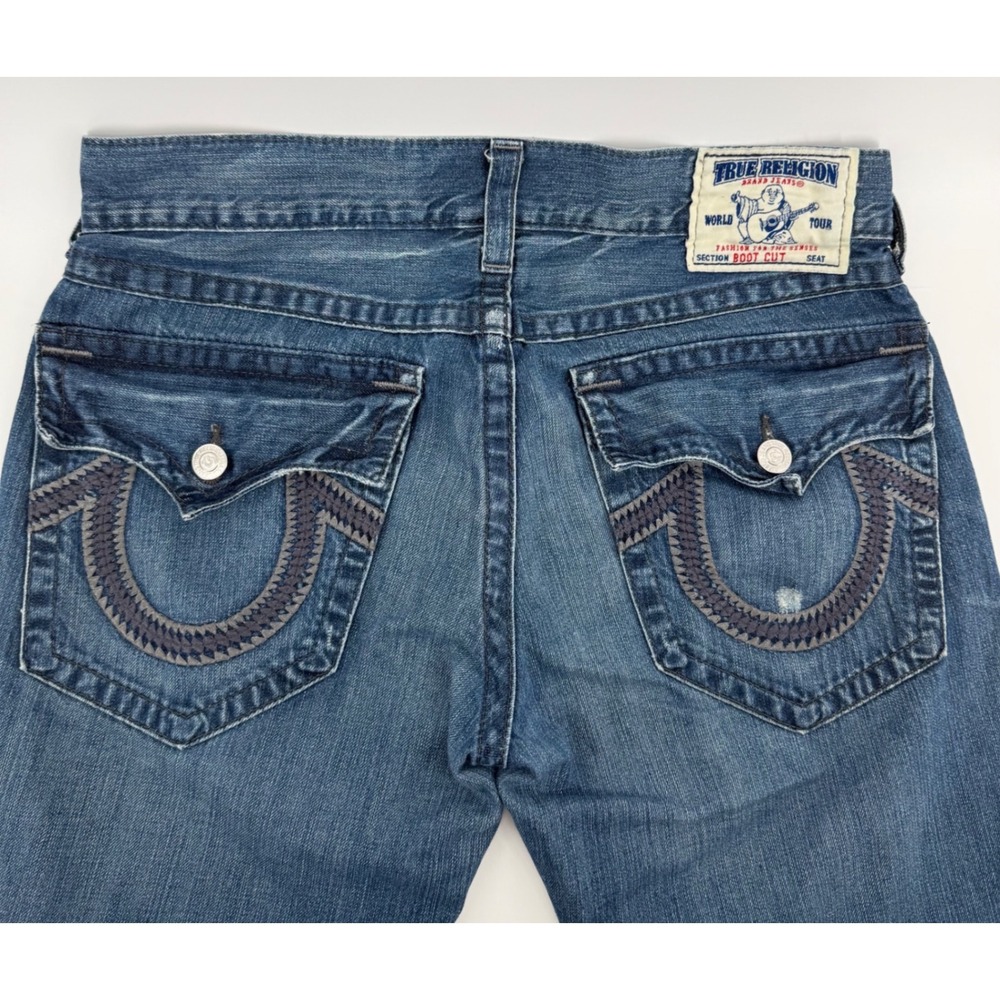 True Religion Boot Cut Jeans Mens 34 Embroidered Medium Wash Distressed USA Made